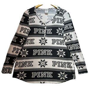 Victoria's Secret Pink Women's Sleepwear Thermal Henley Top Size M White Black